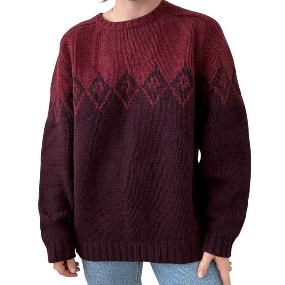 Vintage Eddie Bauer Mens Red Purple Fair Isle 100% Lambs Wool Ski Sweater Sz L - Picture 2 of 8